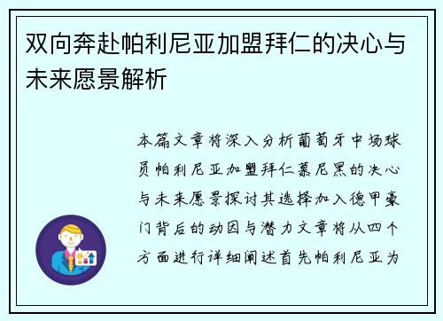 双向奔赴帕利尼亚加盟拜仁的决心与未来愿景解析