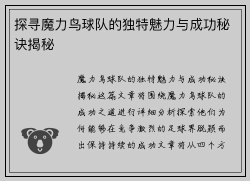 探寻魔力鸟球队的独特魅力与成功秘诀揭秘