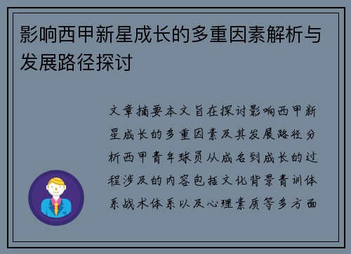 影响西甲新星成长的多重因素解析与发展路径探讨