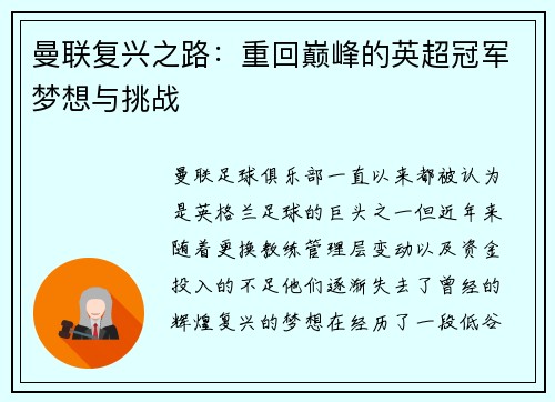 曼联复兴之路：重回巅峰的英超冠军梦想与挑战